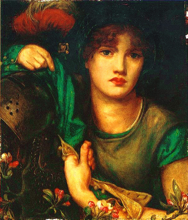 A painting by Rossetti. A woman is wearing a dress with green sleeves.